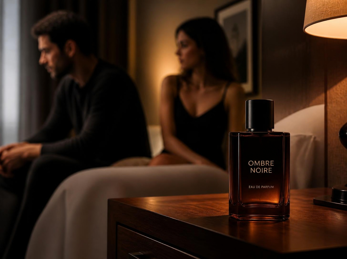 couple is sitting on the edge of the bed looking away thoughtfully